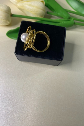 Gül desenli incili ayarlanbilir gold çelik yüzük