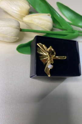 Yaprak inci detaylı ayarlanabilir gold çelik yüzük