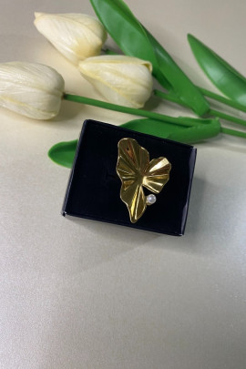 Yaprak inci detaylı ayarlanabilir gold çelik yüzük