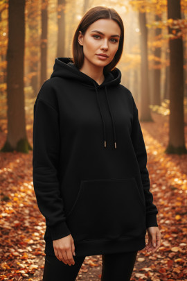 Üç İplik Şardonlu Hoodie Sweatshirt  Siyah