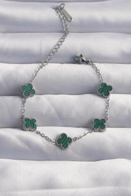 Baby Yonca Bileklik | Çizgili Yeşil Mineli – 316L Çelik Silver