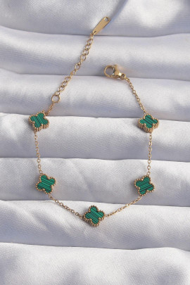 Baby Yonca Bileklik | Çizgili Yeşil Mineli – 316L Çelik Gold