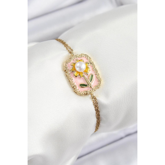 Sanatsal Portre Papatya Bileklik | Pembe Mineli & İnci Detaylı – 316L Çelik Gold