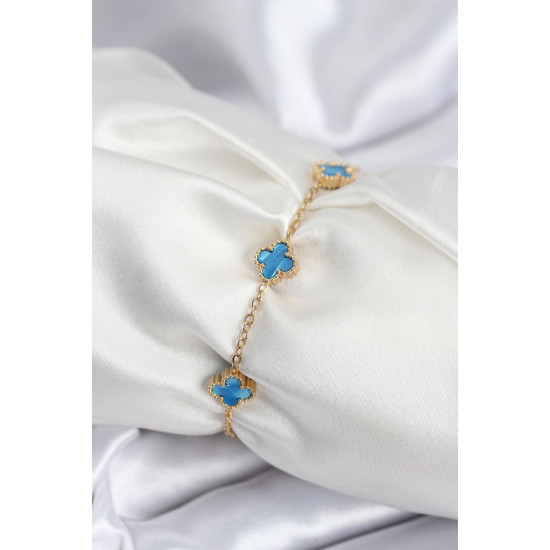 Baby Yonca Bileklik | Buz Mavisi Detaylı – 316L Çelik Gold