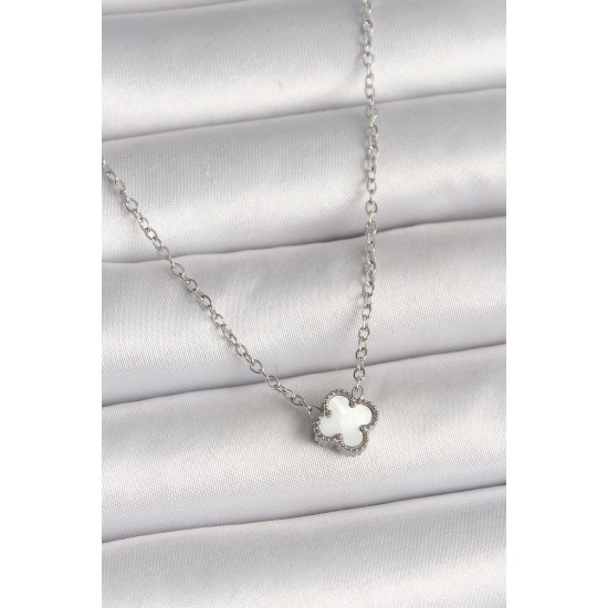 Minimal Yonca Kolye | Beyaz Detaylı – 316L Çelik Silver