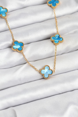 Yonca Kolye | Buz Mavisi Detaylı – 316L Çelik Gold Zincir