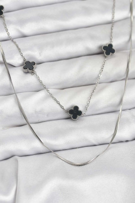 İtalyan Zincirli Yonca Kolye | Siyah Detaylı – 316L Çelik Silver