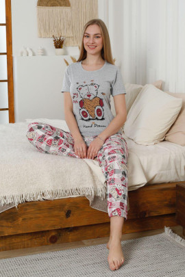 Baskılı Pijama Takımı Gri