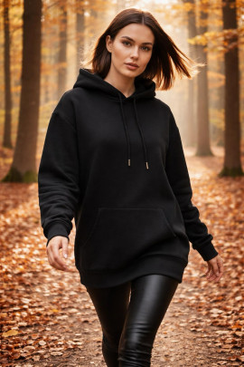 Üç İplik Şardonlu Hoodie Sweatshirt  Siyah