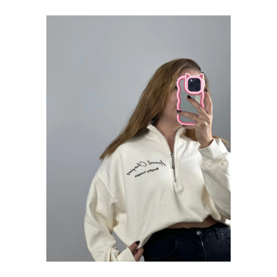Dik Yaka Fermuarlı Crop Sweat